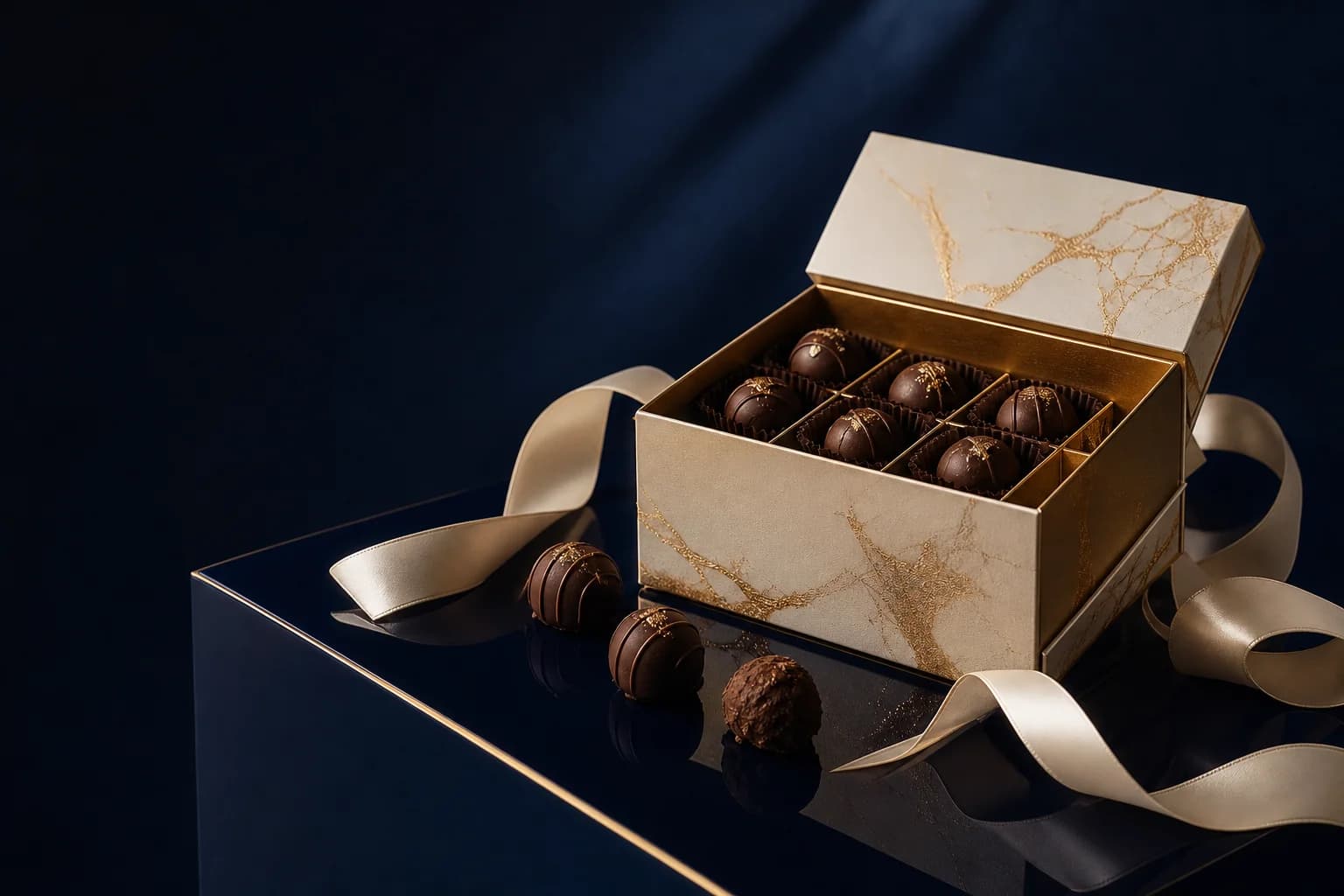A refined chocolate gift box styled against midnight navy
