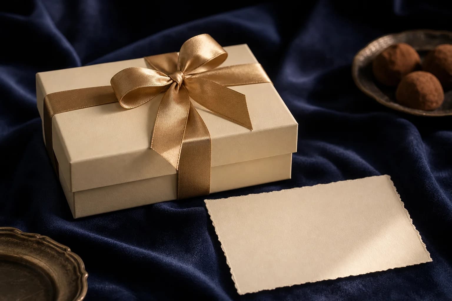 Ivory gift box with gold ribbon on midnight navy velvet